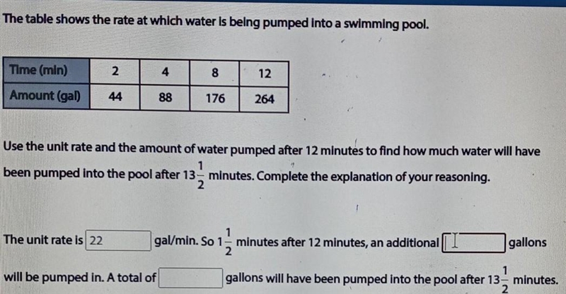 The table shows the rate at which water is being pumped into a swimming pool. Time-example-1