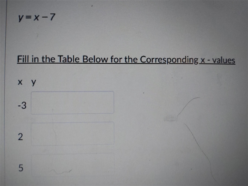 Y=x-7 fill in the table with the corresponding x values-example-1