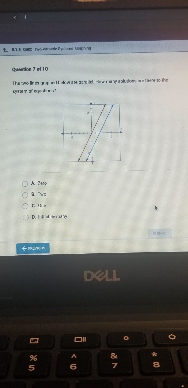 PLEASE HELP!!! The two lines graphed below are parallel. How many solutions are there-example-1