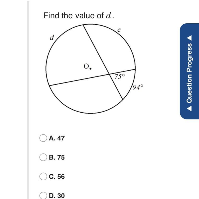 Find the value of d. d 0. e 75° 194°-example-1