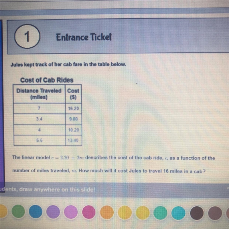 The linear model c= 2.20 + 2m describes the cost of the cab ride, c, as a function-example-1