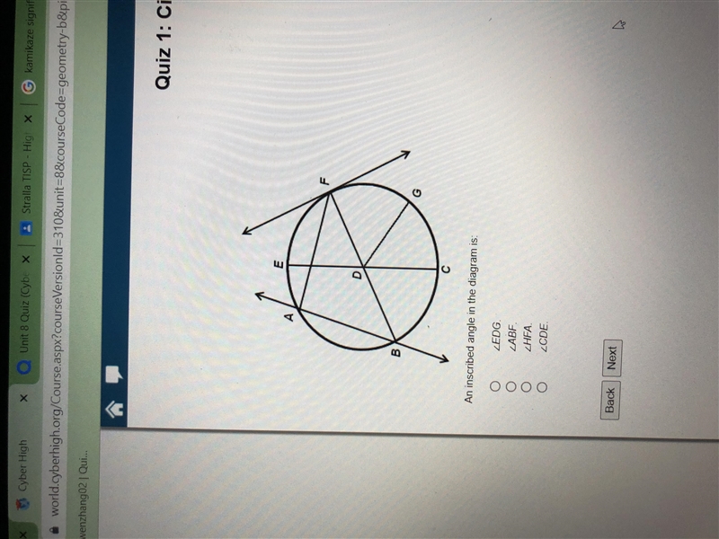 An inscribed angle in the diagram is EDG ABF HFA CDE-example-1