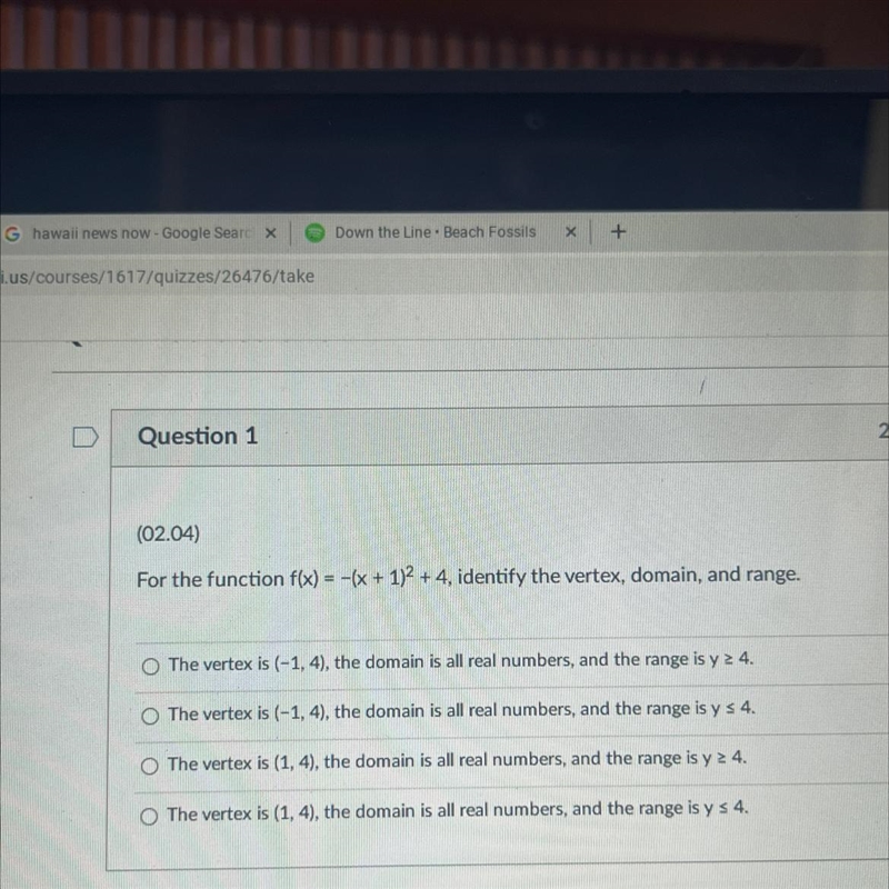 For the function f(x) = -(x + 1)² + 4, identify the vertex, domain, and range.-example-1