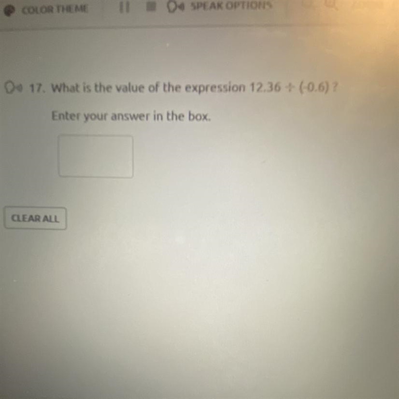 What is the value of the expression 12.36 divided (-0.6)? Enter your answer in the-example-1