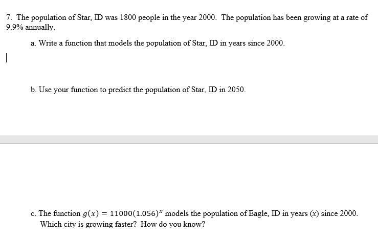 . The population of Star, ID was 1800 people in the year 2000. The population has-example-1