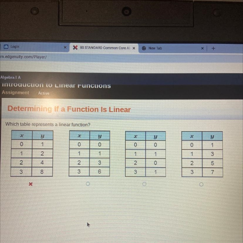 Which table represents a linear function? х X 1 у 1 х 1 y 7 1 y 1 2 1 1 2 2 2 3 4 9 13 21 3 1ż 1 2 1 3 1 4 3 4 2 O-example-1