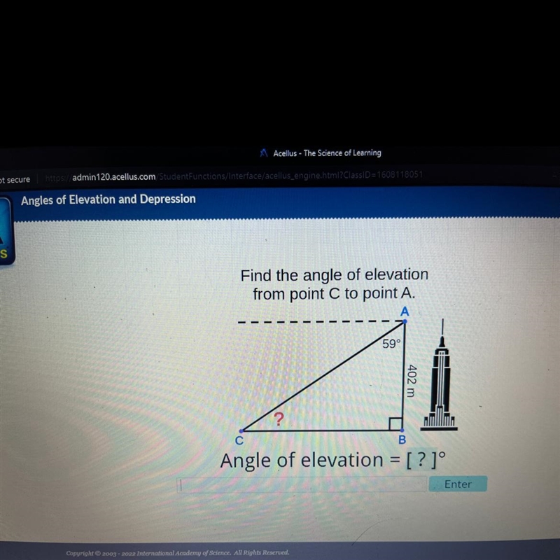 Find the angle of elevation from point C to point A. A ? 59° 402 m C B Angle of elevation-example-1