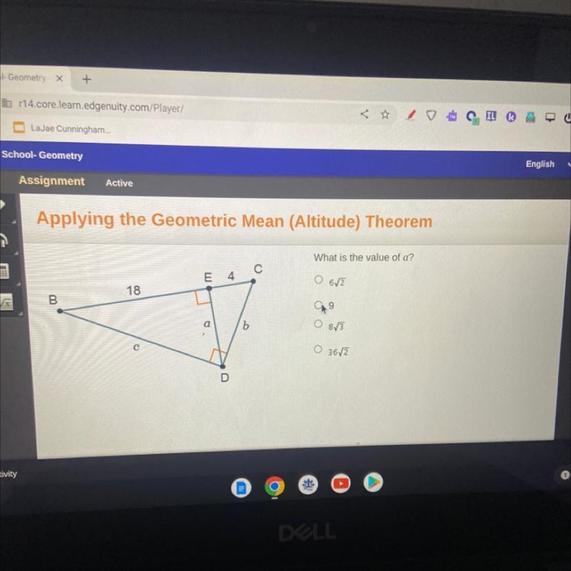 What is the value of a? 06√2 9 O 8√3 O 36√2-example-1