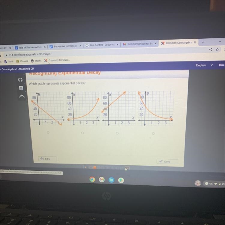 Which graph represents exponential decay? 80 형 40 20 - O 2 x 80 60 LI 1401 20 1 2 3 2 3 80 60 40 20 x-example-1