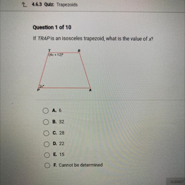 If TRAPis an isosceles trapezoid, what is the value of x?-example-1