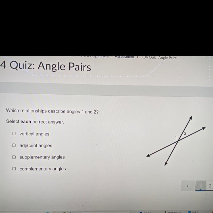 Which relationships describe angles 1 and 2? Select each correct answer. vertical-example-1