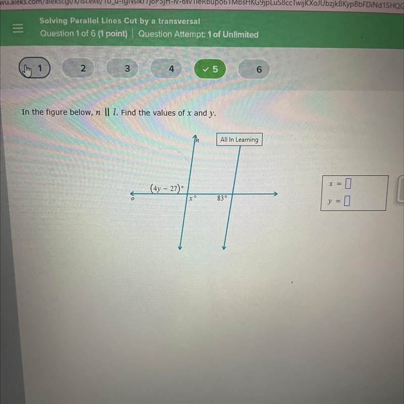 In the figure below, n || find the values of x and y.-example-1