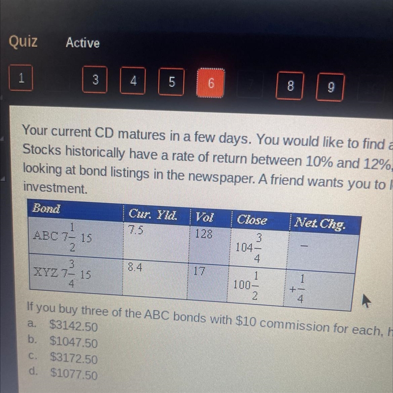 If you buy three of the ABC bonds with $10 commission for each, how much will it cost-example-1