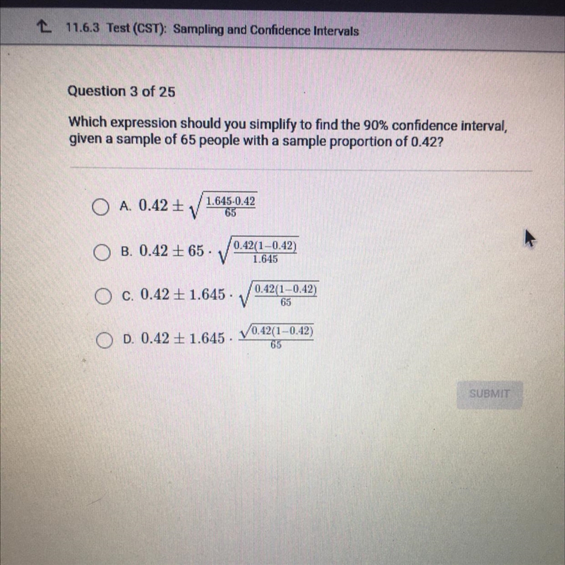 Which expression should you simplify to find the 90% confidence interval, given a-example-1