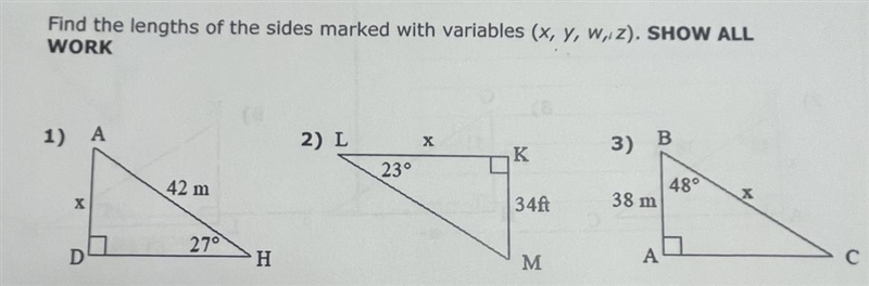 Find the lengths of sides marked with variables (x, y, w, z). Show all work-example-1