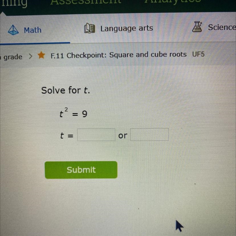 Solve for t. t squared=9-example-1