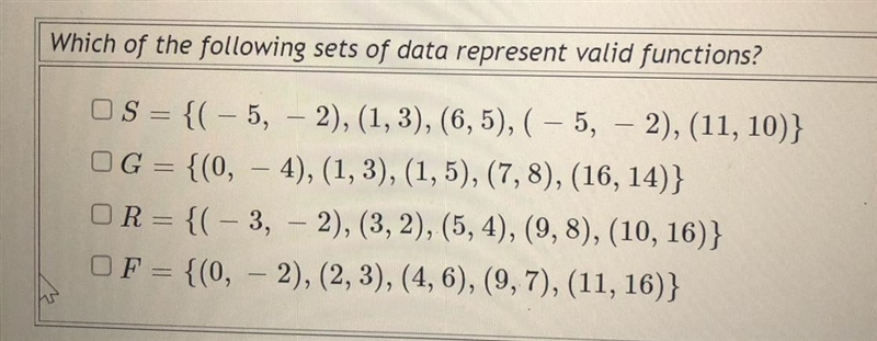 Which of the following sets of data represent valid functions?-example-1