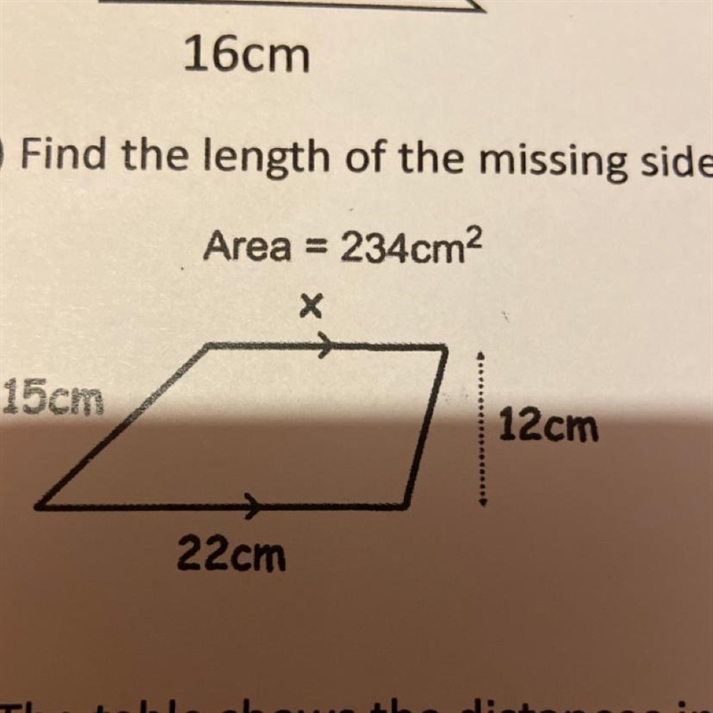 2) Find the length of the missing side Area = 234cm² X 15cm 22cm 12cm-example-1