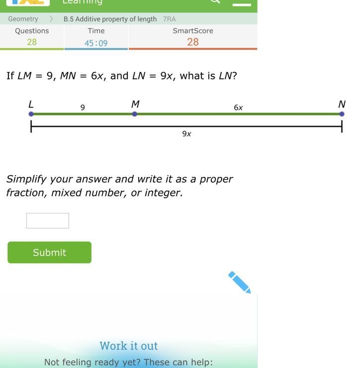 If LM = 9, MN = 6x, and LN = 9x, what is LN?-example-1