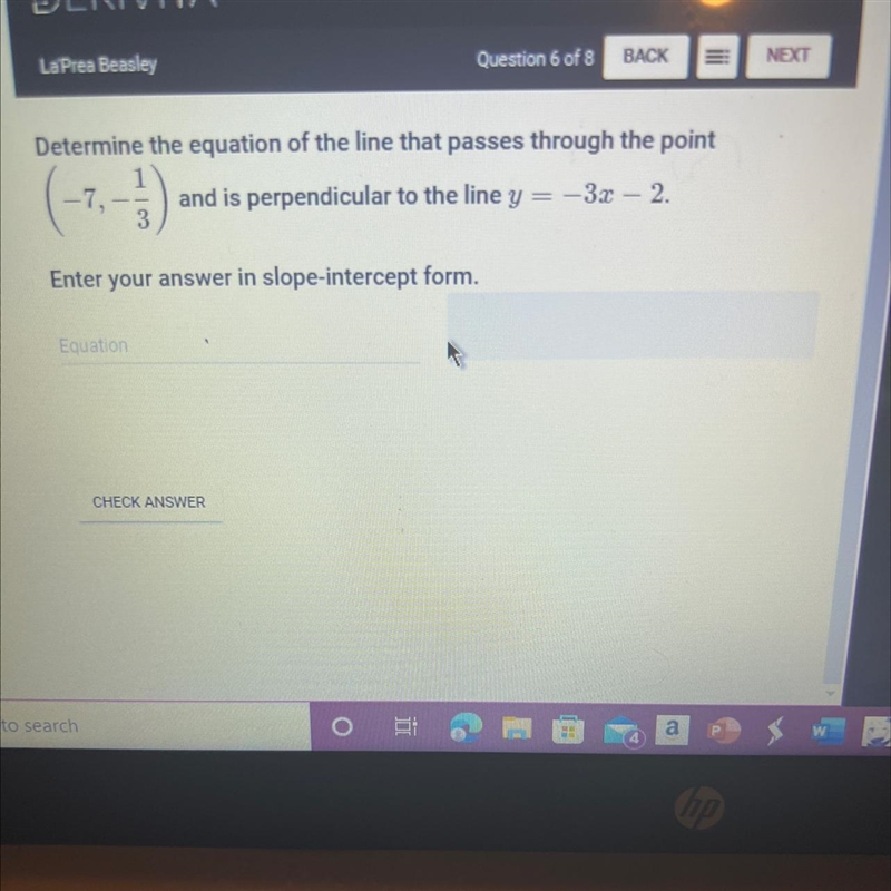 Determine the equation of the line that passes through the point(-7, -1/3)and is perpendicular-example-1