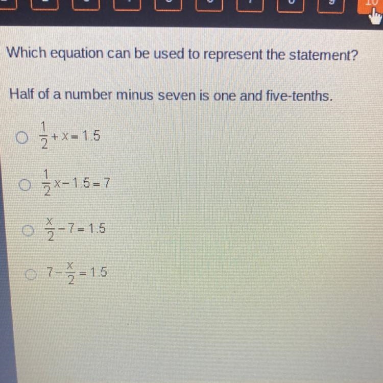 Which equation can be used to represent the statement? Half of a number minus seven-example-1