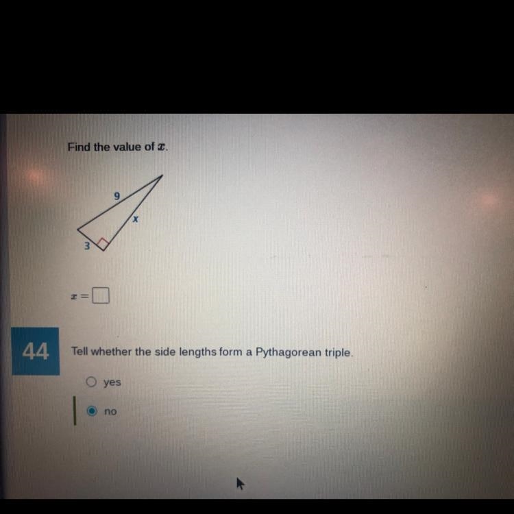 Find the value of x Tell wether the side lengths form a Pythagorean triple-example-1