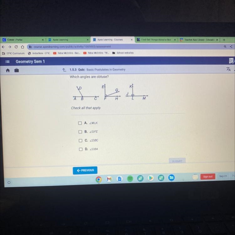 Which angles are obtuse? D AB C Check all that apply. A. ZMLK B. ZGFE C. ZDBC D. ZOBA-example-1