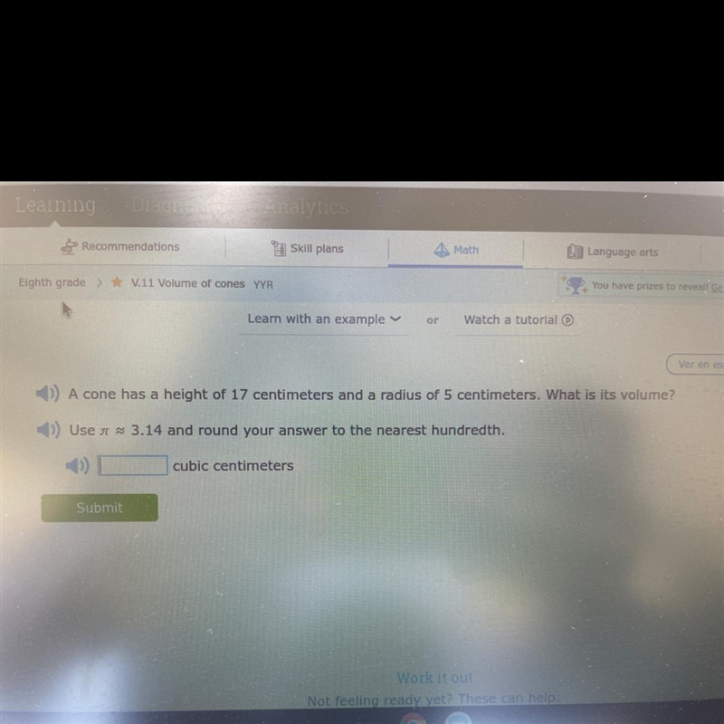 A cone has a height of 17 centimeters. What is its volume? Use n 3.14-example-1