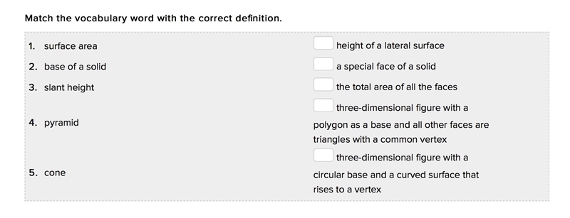 Match the vocabulary word with the correct definition.-example-1