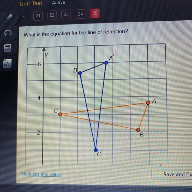 What is the equation for the line of reflection? x= 3 y= 3 y= x x=6-example-1