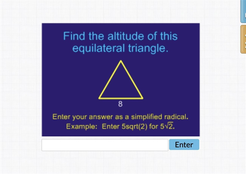 Find the altitude of this equilateral triangle - geometry-example-1