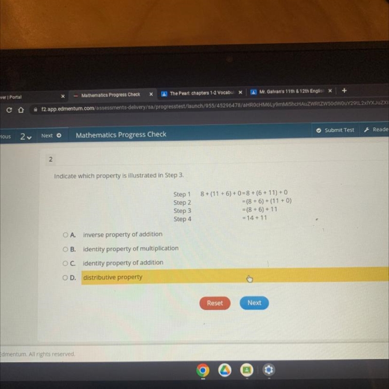 Indicate which property is illustrated in step 3 =(8+6)+11-example-1