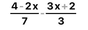 What is the solution of: 4-2x/7 - 3x+2/3-example-1