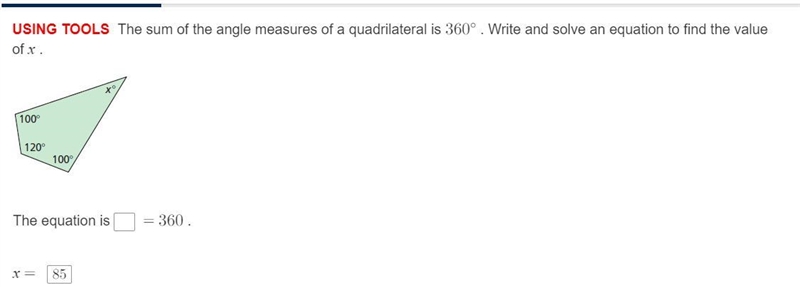 The sum of the angle measures of a quadrilateral is 360degrees. Write and solve an-example-1