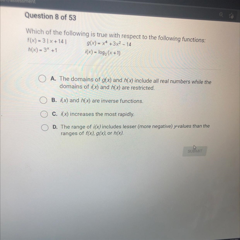 Which of the following is true with respect to the following functions:f(x) - 3x + 141 g-example-1