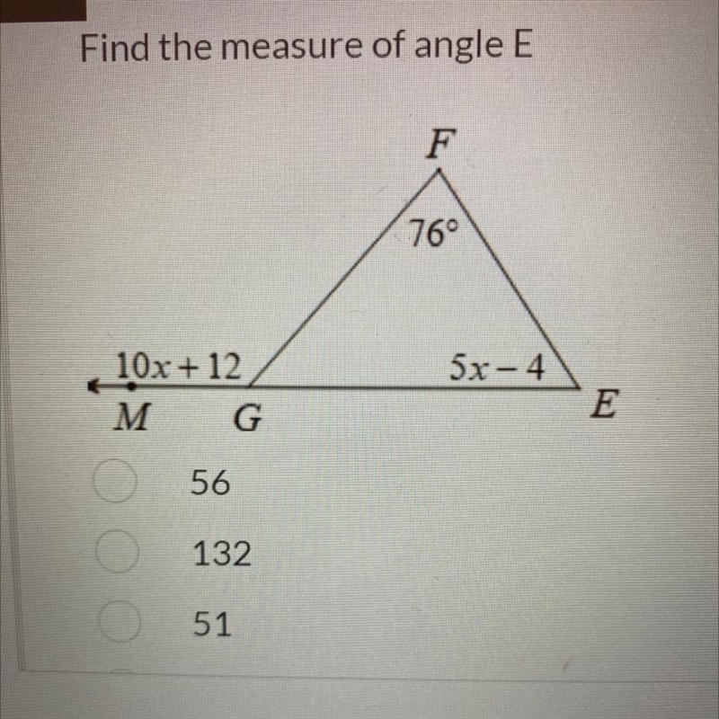 Find the measurement of E •56 •132 •51 •63-example-1