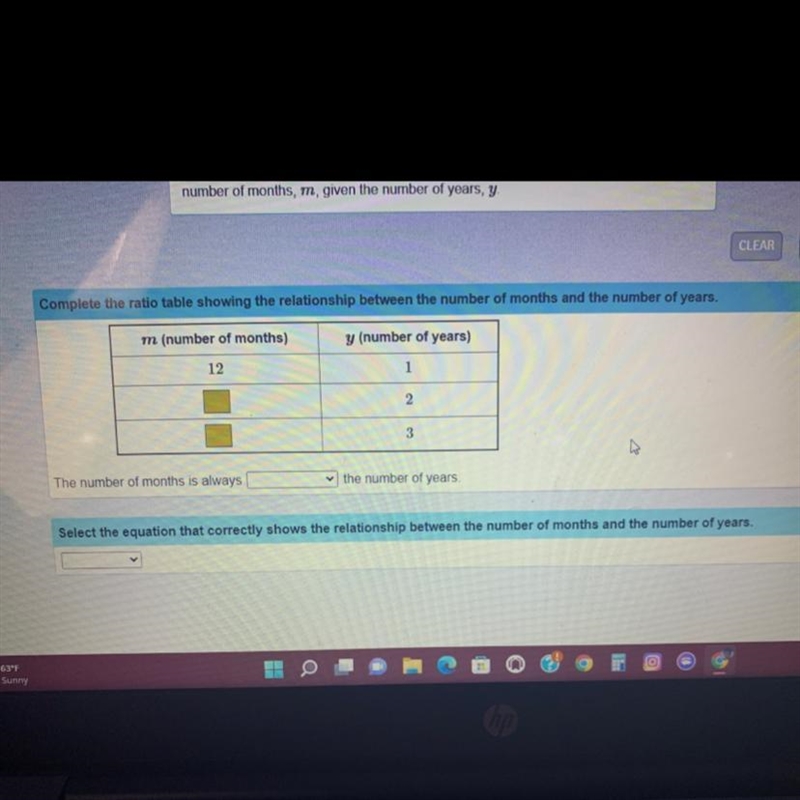 There are 12 months in a year. Use the drop-down menus to help write the equation-example-1