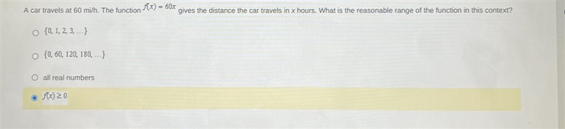 Please help!! A car travels at 60 mi/h. The function gives the distance the car travels-example-1