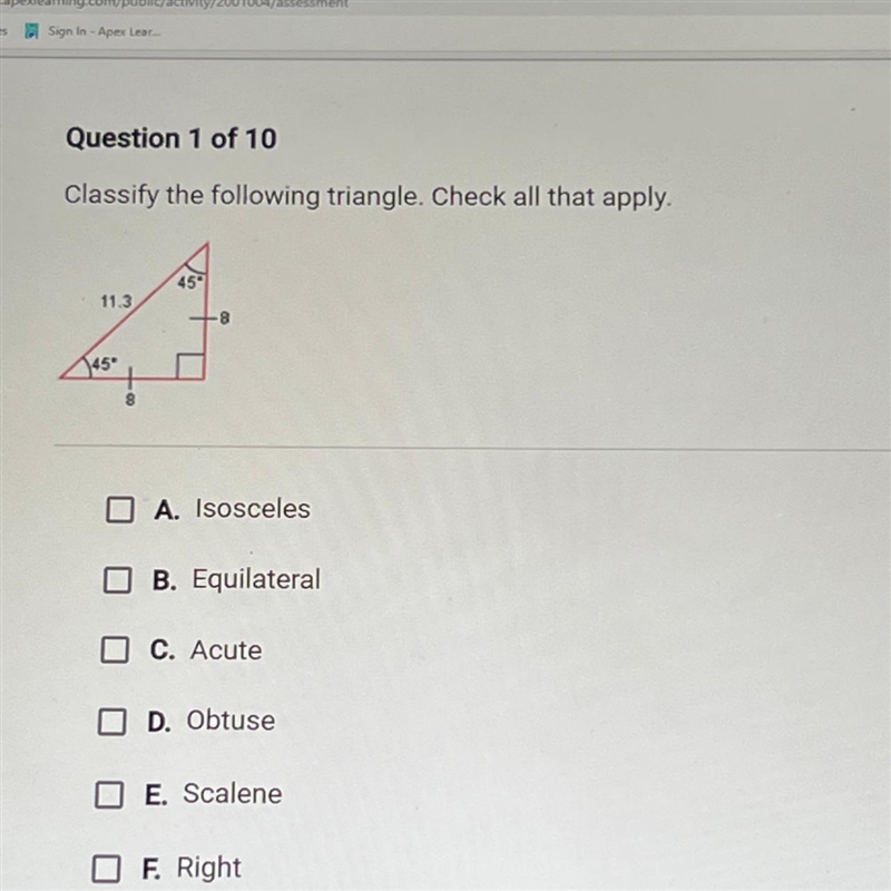 Classify the following triangle. Check all that apply-example-1