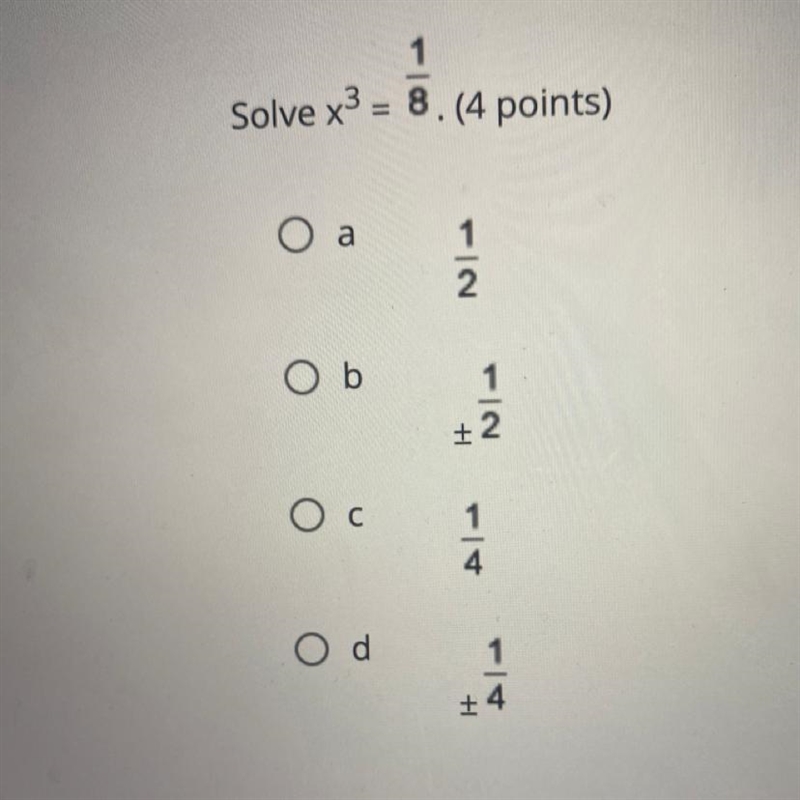 Solve for x^3 = 1/8 (4 points)-example-1