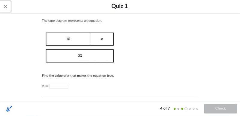 The tape diagram represents an equation. Find the value of xxx that makes the equation-example-1