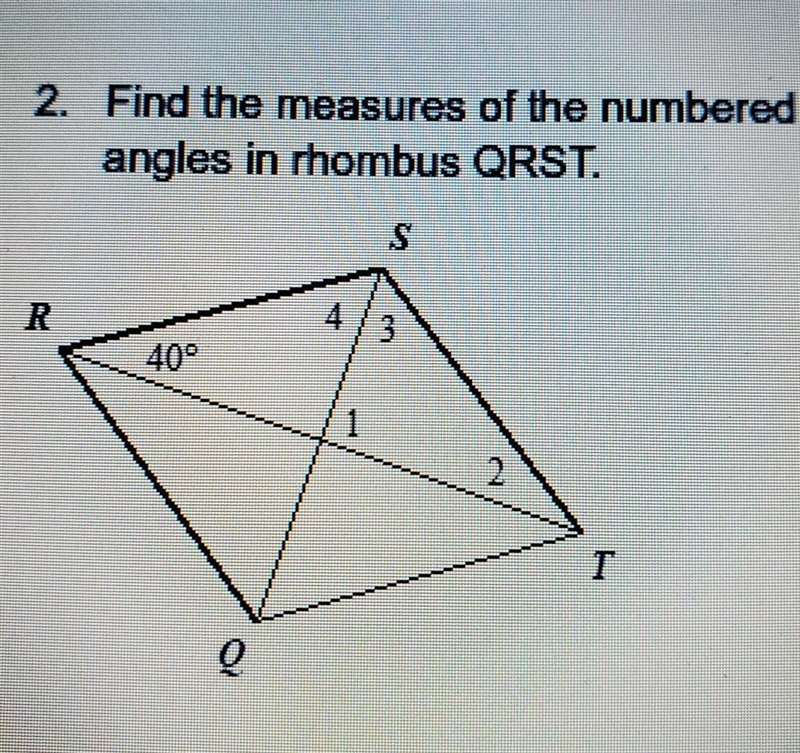 Find the measurements of the numbered angles in the rhombus QRST-example-1