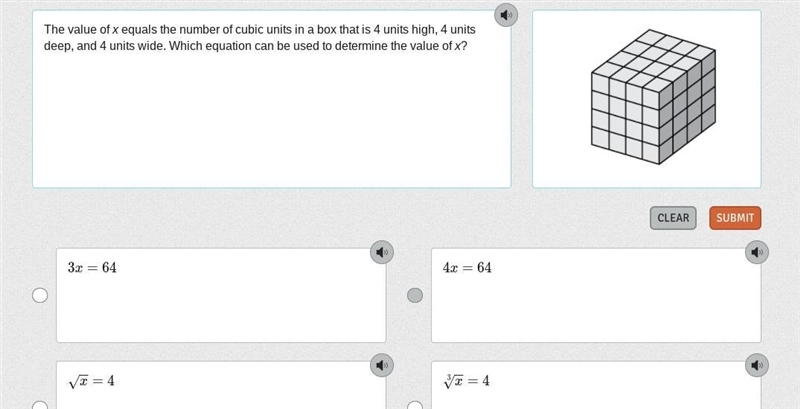 The value of x equals the number of cubic units in a box that is 4 units high, 4 units-example-1