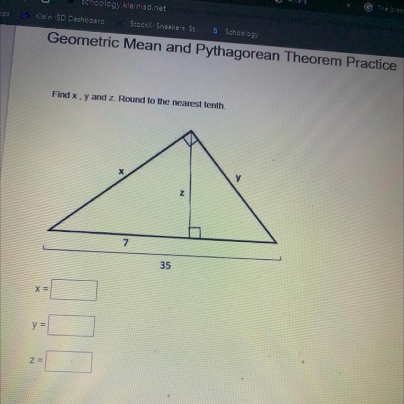 Geometric Mean and Pythagorean Theorem Practice Find x and y. Round to the nearest-example-1