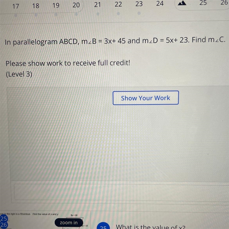 In parallelogram ABCD, m∠B = 3x+ 45 and m∠D = 5x+ 23. Find m∠C-example-1