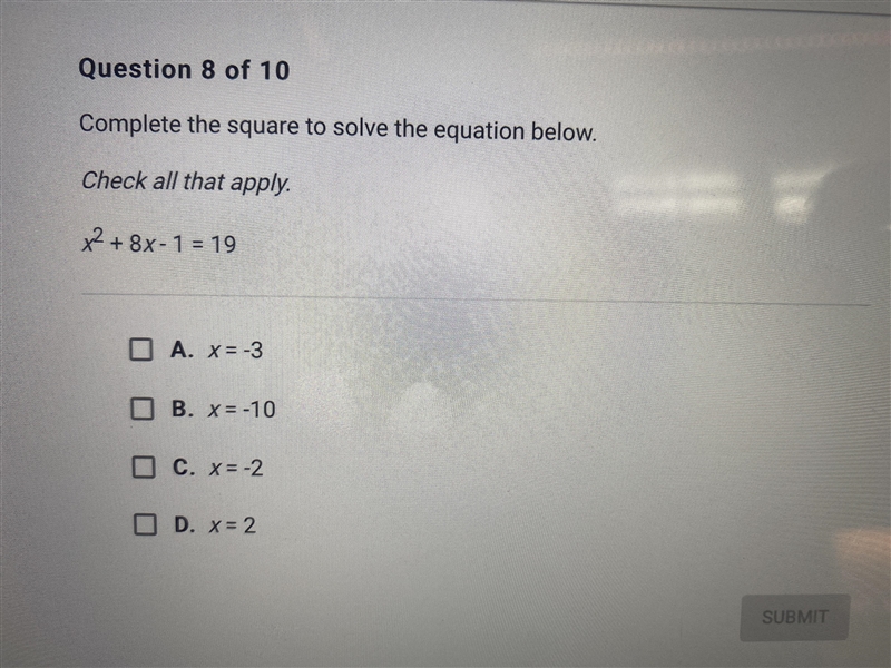 Complete the square to solve the equation below. check all that apply. x^2 + 8x - 1 = 19-example-1