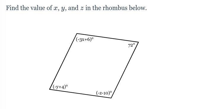 Find the value of xx, yy, and zz in the rhombus below-example-1