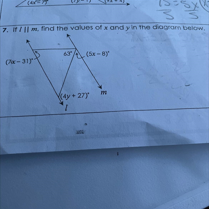 S 7. If I || m, find the values of x and y in the diagram below.-example-1