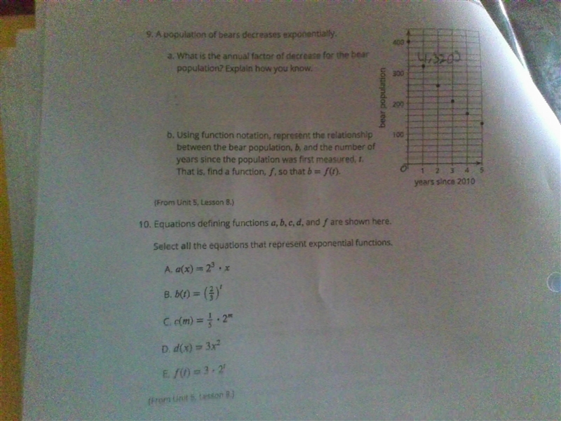 9. A population of bears decreases exponentially. 400 a. What is the annual factor-example-1