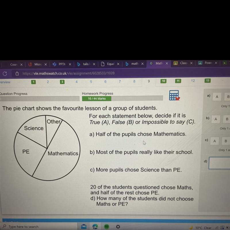 The pie chart shows the favourite lesson of a group of students.-example-1